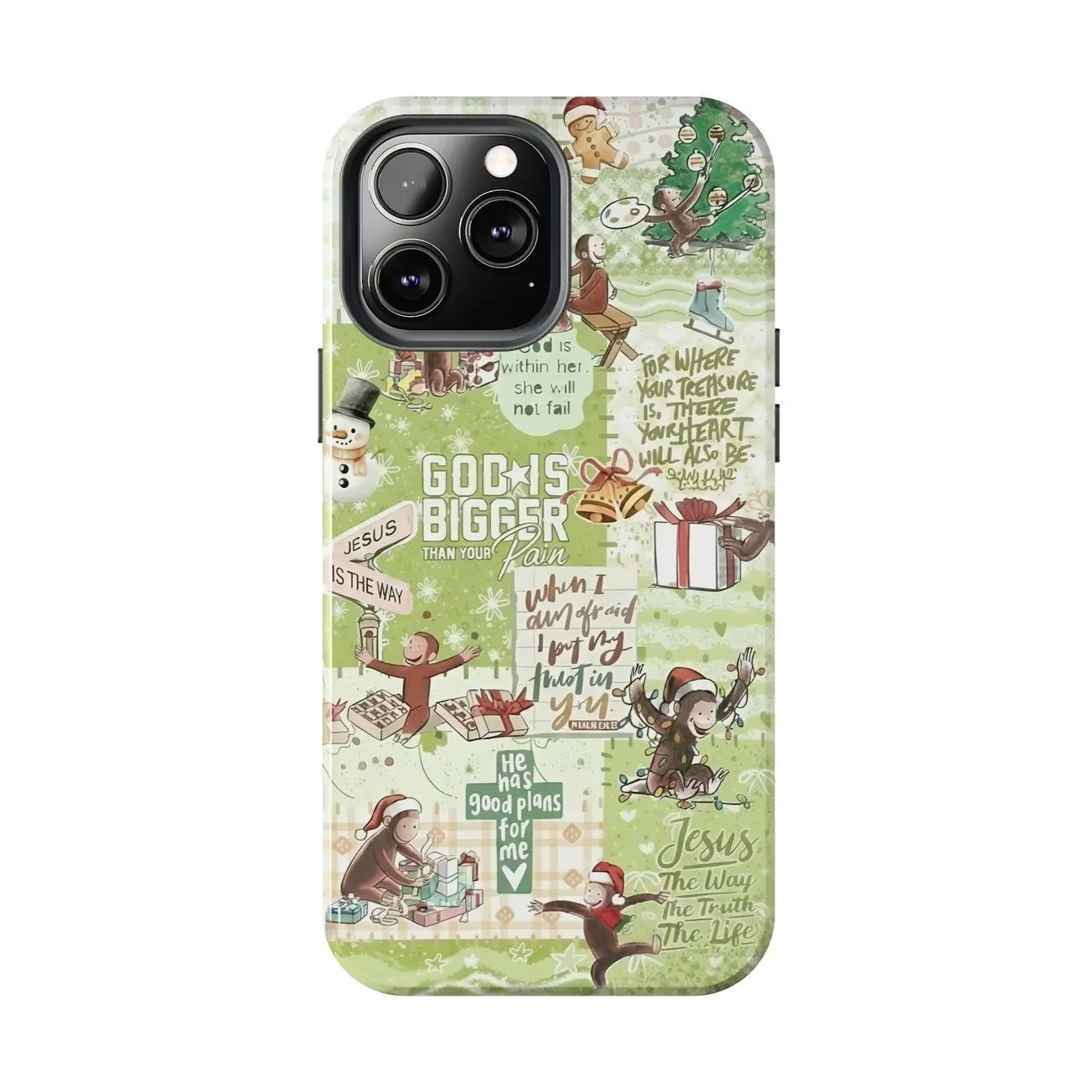 Cute Monkey Christmas Phone Case – Curious George Holiday Design with Bible Verse, Inspirational Quote & Festive Decorations – Fits for iPhone 7, 8, SE, X, XR, XS, 11, 12, 13, 14, 15, 16 & Samsung Galaxy S21, S22, S23, S24, S25, Gift for Christmas F