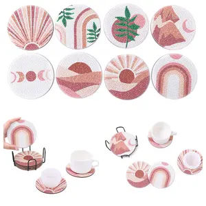 8pcs DIY Diamond Painting Coasters with Holder, Set - Desert Plants Designs Round Rhinestone Diamond Art Coasters for Adults, Wooden Cup Tea Mat for Home, Office, Coffee Shop Table Decoration, New Year, Christmas Gifts for Friends and Family