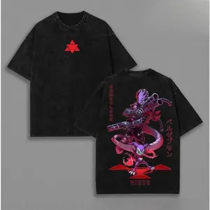 Unisex Beelzemon x Impmon Digimon Oversized Graphic Tee, Vintage Dark Anime Washed Heavyweight Cotton Streetwear, Demon Lord Otaku Aesthetic Retro Gaming Men's Top