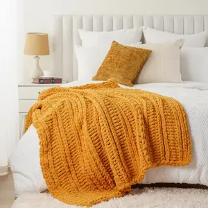 Mustard Yellow Throw Blanket for Couch, Chunky Knit Throw Blanket, 50"x60",  Fall Throw, Super Soft Cozy Warm Chenille Knit Blankets for Bed, Sofa, Living Room