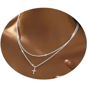 Layered 925 Sterling Siver Cross Charm Pendant Necklace Set for Women Bling Double Layer Rope Chain Choker Layering Necklace Set for Wedding and Any Romantic Occasion