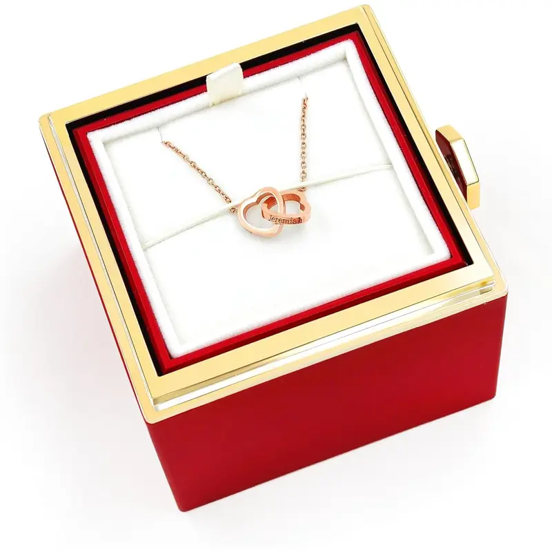 Uloveido Personalized Double Heart Necklace for Couples | Engraved Two Names Stainless Steel Interlocking Love Pendant | Rose Gold Gold Silver | Rotating Flower Gift Box