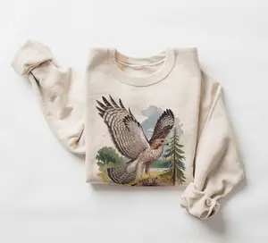 Retro Red Tailed Hawk Wings Spread Birding Sweatshirt - 90s Vintage Birds Of Prey Forest Nature Scene - Boho Unisex Crewneck Sweatshirt, Unisex Cotton Crewneck Menswear Womenswear Underwear Streetwear Top