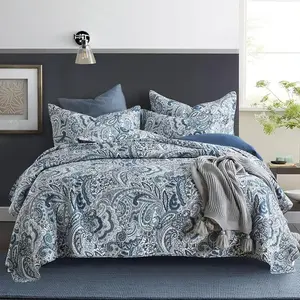 Cotton Bedspread Quilt Sets, 3 count Reversible Comforter Coverlet Sets,Blue Floral Paisley Bedspread, Size