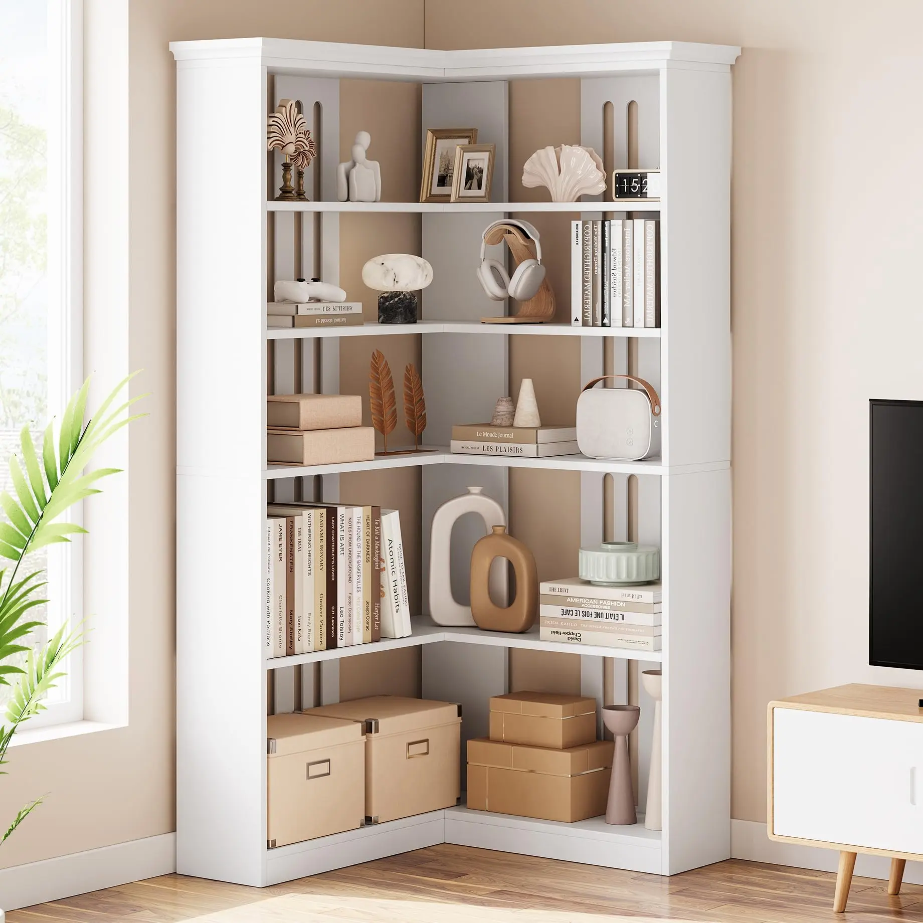 GARVEE White L-Shaped Tall 5-Tier Corner Bookshelf, 72.8in Farmhouse Wood Storage Display Rack for Living Room, Bedroom, Tall Size