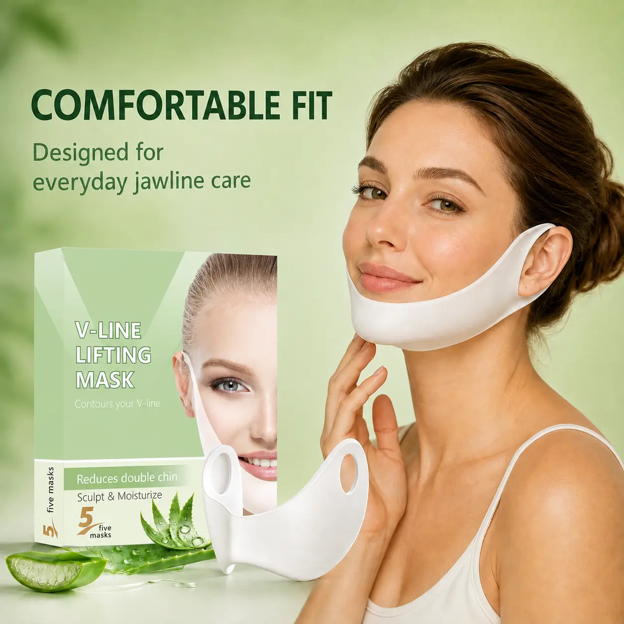 [Dealsforyou] Hydrogel Chin & Jawline Face Wrap, Aloe & Hyaluronic Acid Moisturizing Mask, Soft Flexible Ear-Loop Design, 5 Count