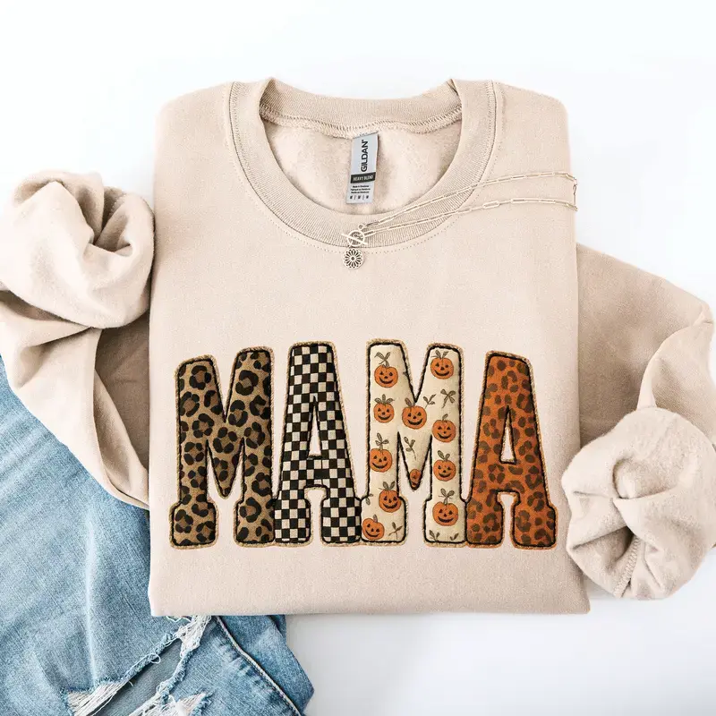 Mama Halloween Printed Sweatshirt, Pumpkin Mama Crewneck, Leopard Checkered Mama Sweatshirt, Fall Mom Sweatshirt, Spooky Season Mama Gift