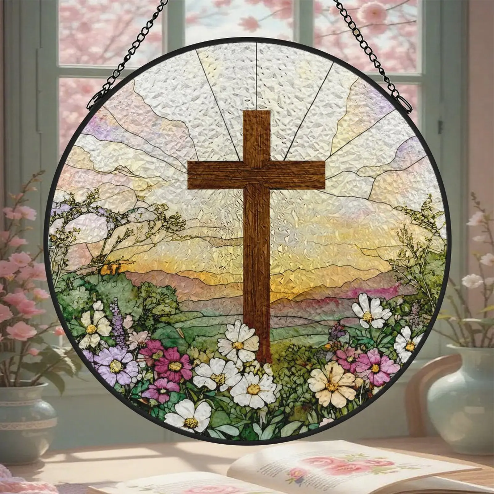Stained Glass Cross & Wildflowers Plastic Suncatcher - Light, Hangable Christian Home Decor Frame with Hanging Hook, Multi-Size (3.5in/6.3in/7.8in) Faith Decor for First Communion, Easter, Christmas