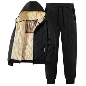 Men's Lamb Wool Cotton Jacket Set Fleece Lined Thickened Coat Warm Hoodie Suits Long Sleeve Solid Color Menswear with Matching Beige Pants for Winter Outings BlackFriday Christmas Xmas New Year