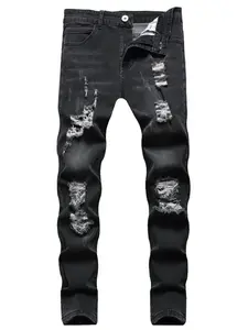 Men's Solid Color Ripped Jeans, Fashion Casual Comfy Slim-fitting Denim Pants for Daily Wear, Men's Bottoms for All Seasons, Jeans for Men, Cotton, Ripped Patch Jeans, Jeans Distressed
