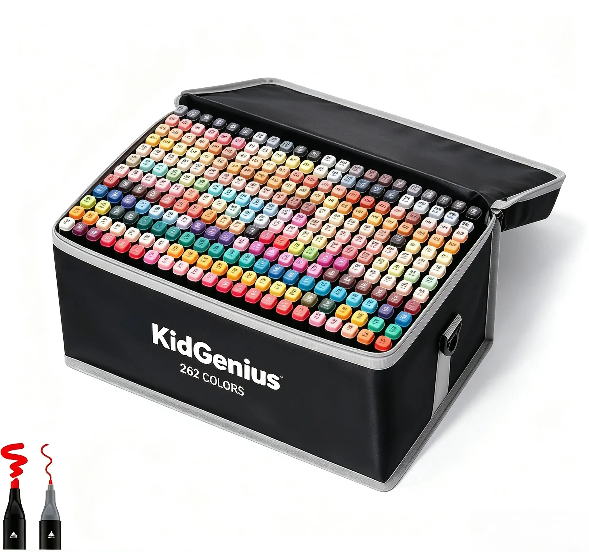 KIDGENIUS Professional Dual-Tip Alcohol Markers Set, 262 Vibrant Colors, Quick-Dry Waterproof Fade-Resistant Art Markers with Storage Base & Tote Bag, Great for Creative Beginners’ Anime Drawing, Journaling & Crafts, Ideal Gift for Artists & Friends