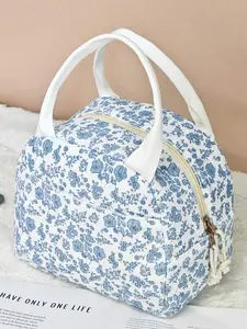 Women's Blue & White Floral Insulated Lunch Bag, Vintage Corduroy Thermal Cooler Tote with Zipper, Reusable Leakproof Bag for Work, School, Picnic & Travel