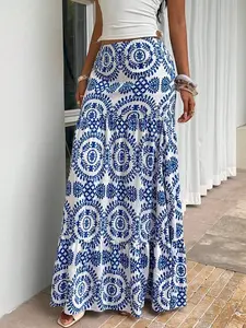 Vintage Full Print Low Waist Midi Skirt, Loose Fit Casual Flowy Long Dress, Women's Street Style Fashion, Comfortable and Stylish