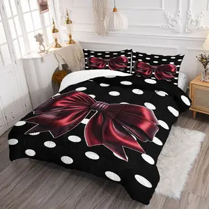 2/3Pcs Deep Red Satin Bow Comforter Set, Elegant Polka Dot Pattern Bedding Set, Luxurious Digital Print Design, Soft and Reflective Fabric, Perfect for Stylish Bedroom Decor, Cozy and Chic for All Seasons, Pillowcase No Filler