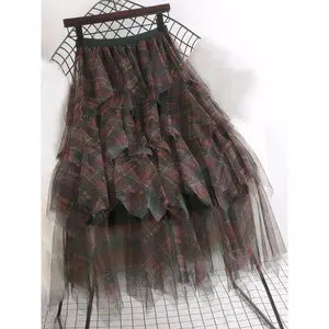 Women's Checkered?Print Tiered Layer Mesh?Skirt, Elegant Asymmetrical Midi Skirt for Party Holiday Wedding Guest, Ladies Summer Clothes8NQS