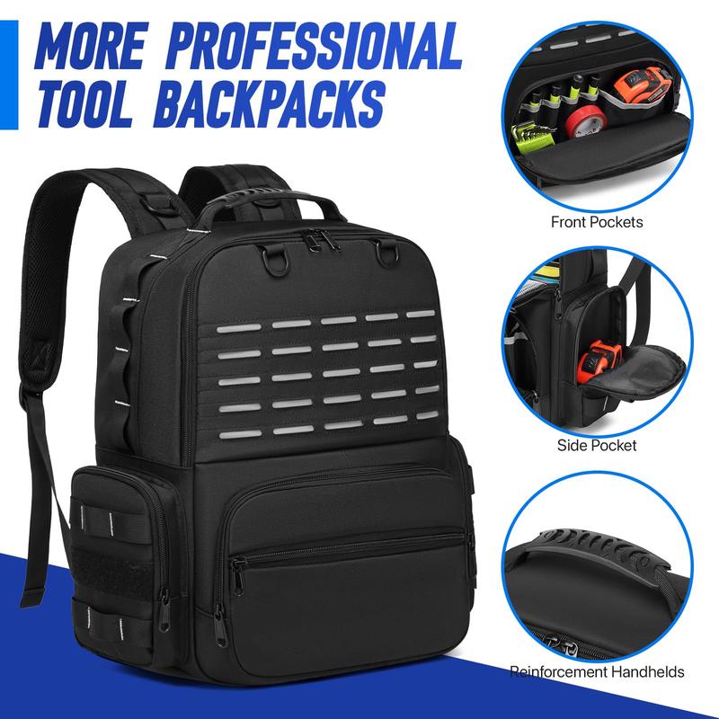 Tool Backpack Heavy Duty for Men - 3 Tool Pouches Work Tool Bag for Electrician Industrial Construction HVAC Techs Repairman, Large Space & Durable