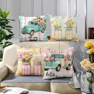 Spring Themed Cushion Cover, 4 Counts/set Flower & Car Pattern Cushion Cover without Filler, Household Decoration Supplies for Home Sofa Bed, Bedroom Decorative Accessories