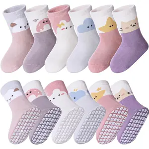 SQ-SOK002 6 Pairs Baby Girls Non Slip Crew Socks Grips Socks for Infants Toddlers Kids Girls