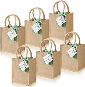 6 Pack Burlap Tote Bags with Handles Small Reusable Jute Bags with Bow Thank You Tag Burlap Gift Tote for Wedding Bridesmaid Mother's Day Bridal Shower Party Favor Supplies