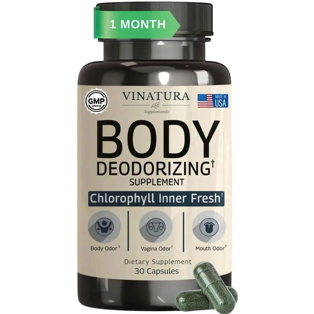 VINATURA Body Deodorizing Supplement for Women - Magic Chlorophyll Pills for Body Odor Eliminator, it Works for Her Internal Deodorant, 30 Capsules