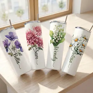 BojjiCo Customized Birth Month Flower Personalized Name Insulated Reusable Skinny Stainless Steel Water Bottle Tumbler with Lid, White Floral Print Portable Kitchenware Gift for Women, Cottagecore Preppy Botanical Aesthetic Drinkware