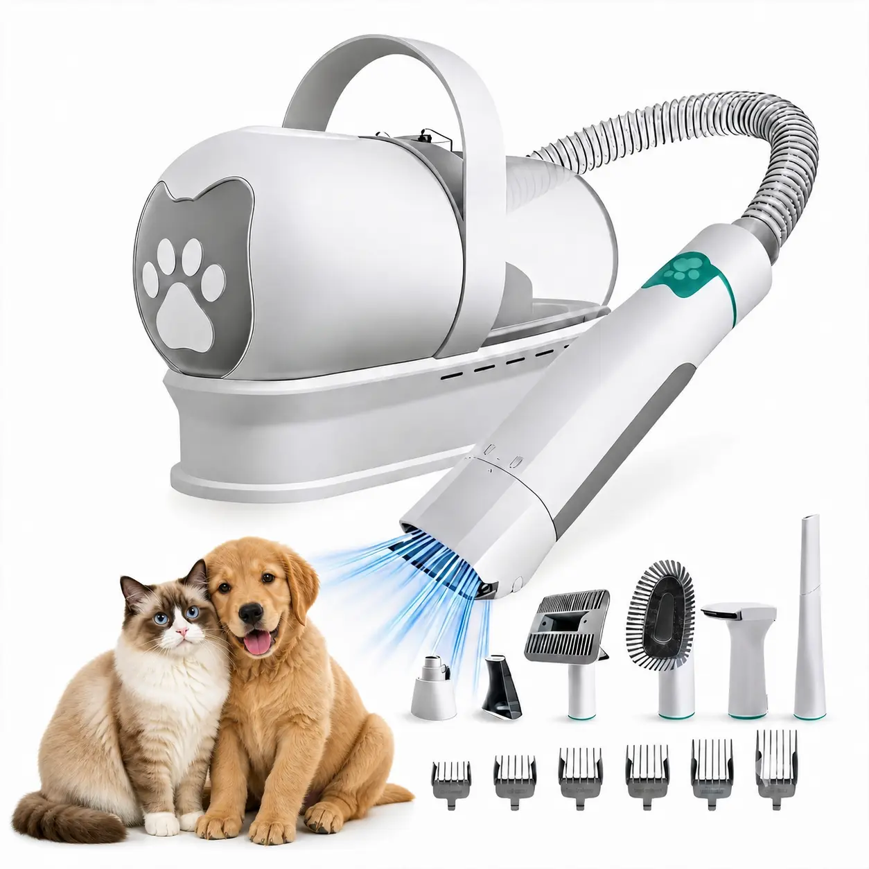 7-in-1 Pet Grooming Kit with Vacuum Function, Dog Hair Trimmer, Paw Shear, Nail Polisher & 6 Guard Combs for Dogs Cats