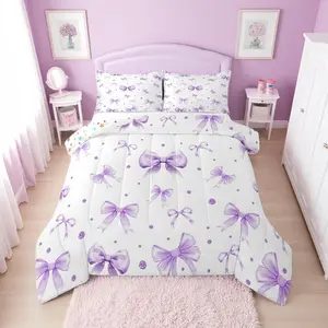 Cute Purple Bow Bedding Set for Girls | Purple Ribbon Bow Tie Comforter Set for Kids,Girly Coquette Bows Bed Set,Princess Bowtie Room Decor