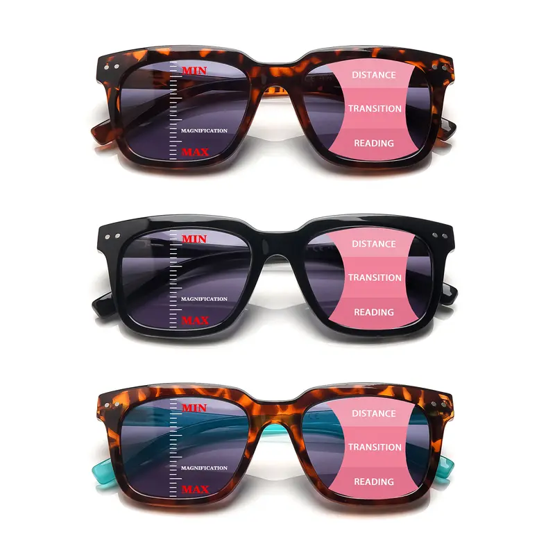 3-Piece Progressive Multifocal Blue Light Blocking Reading Sunglasses, Suitable For Men And Women. Features Spring Hinges For a Comfortable Fit Across Various Face Shapes.