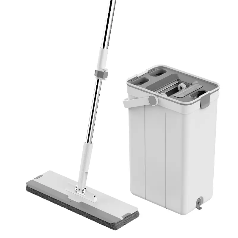 Flat Mop and Bucket System with Clean & Dirty Water Separation, Self Cleaning Microfiber Mop Set with Scraper, Stainless Steel Handle for Hardwood, Tile & Laminate Floors