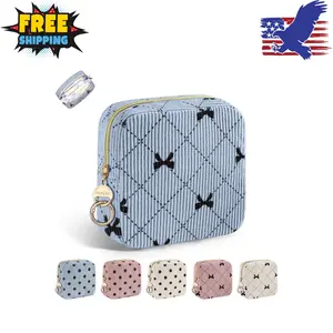 Period Bag for Teen Girls, Corduroy Cute Sanitary Napkin Storage Bag (Blue-Bow Tie)