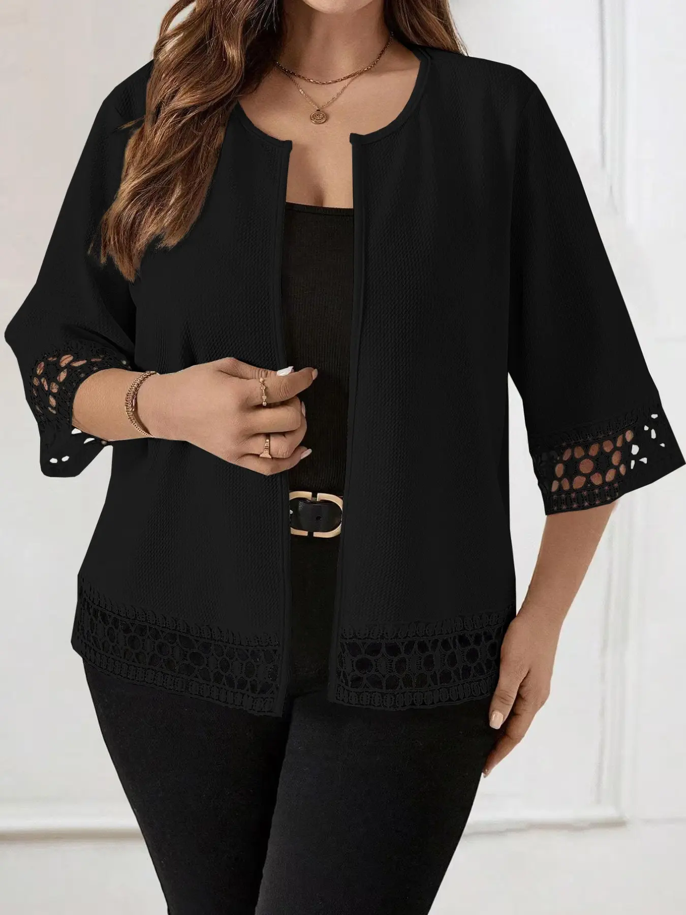 Lace Sleeve Women's Cardigan, Womenswear, Elegant Chic Open Front Design, Perfect for Casual Wear, Work Clothes Women, Office Chic Workwear, Soft & Comfortable Material, Ideal for Daily Use, Everyday, Summer Workwear Style