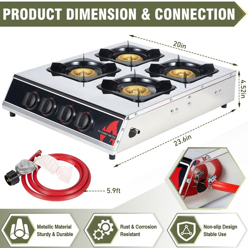 Bestfire 4-Burner Portable Propane Stove | 40,000 BTU Professional-Grade Stainless Steel Cooktop with Enamel Support & Electronic Ignition (Regulator & Hose Included) for Outdoor Cooking