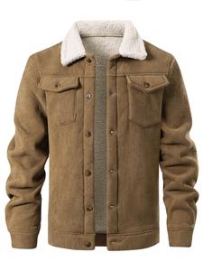 men's solid button front pocket fleece lined corduroy jacket, regular fit casual long sleeve collared outerwear for fall & winter, men's clothes for daily wear, jackets for men