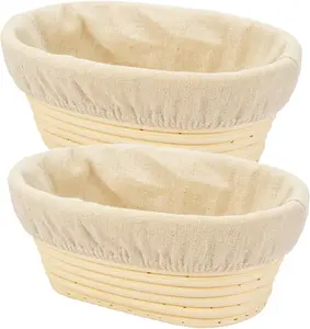 2 PCS 8 Inch Oval Long Rattan Banneton Brotform Bread Dough Proofing Rising Basket with Liner for Professional & Home Bakers