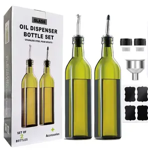 2 Pcs Green Glass Olive Oil Dispenser and Vinegar Dispenser Set with 2 Stainless Steel Pourers, 4 Labels, 1 Cap, 1 Funnel (500ml) for Kitchen, Cooking, Salad Dressing, Barbecue, Mixing Utensils