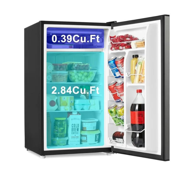 Galanz 3.3 Cu ft One Door Mini Fridge, Estar, Stainless Steel Look, New