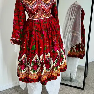 Afghani Dress - Red Floral Embroidered Long Sleeve with White Dupatta for Traditional Wear
