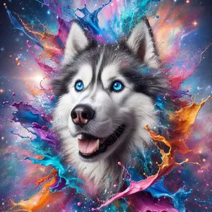 5D DIY Full Drill Round Diamond Painting Kit - Husky, Colorful, Splatter Mosaic, Canvas - DIY wall decor, Handmade Gifts, perfect for Valentine's Day, Independence Day, birthdays, and anniversary gifts.