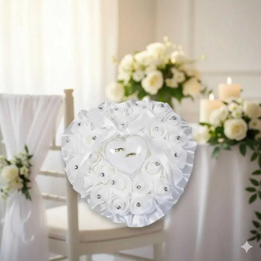 Velvet Ring Pillow Set & Heart-Shaped Rose Box, Wedding Essentials for Bride & Groom. Custom Ring Holder, Romantic Decor, Perfect Gift for Engagement, Anniversary, Photo Prop, Keepsake for Couples. Lightweight Box, Home Decor Box