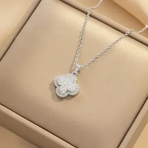 Silver Pave Clover Necklace Fashionable Chain Decorated