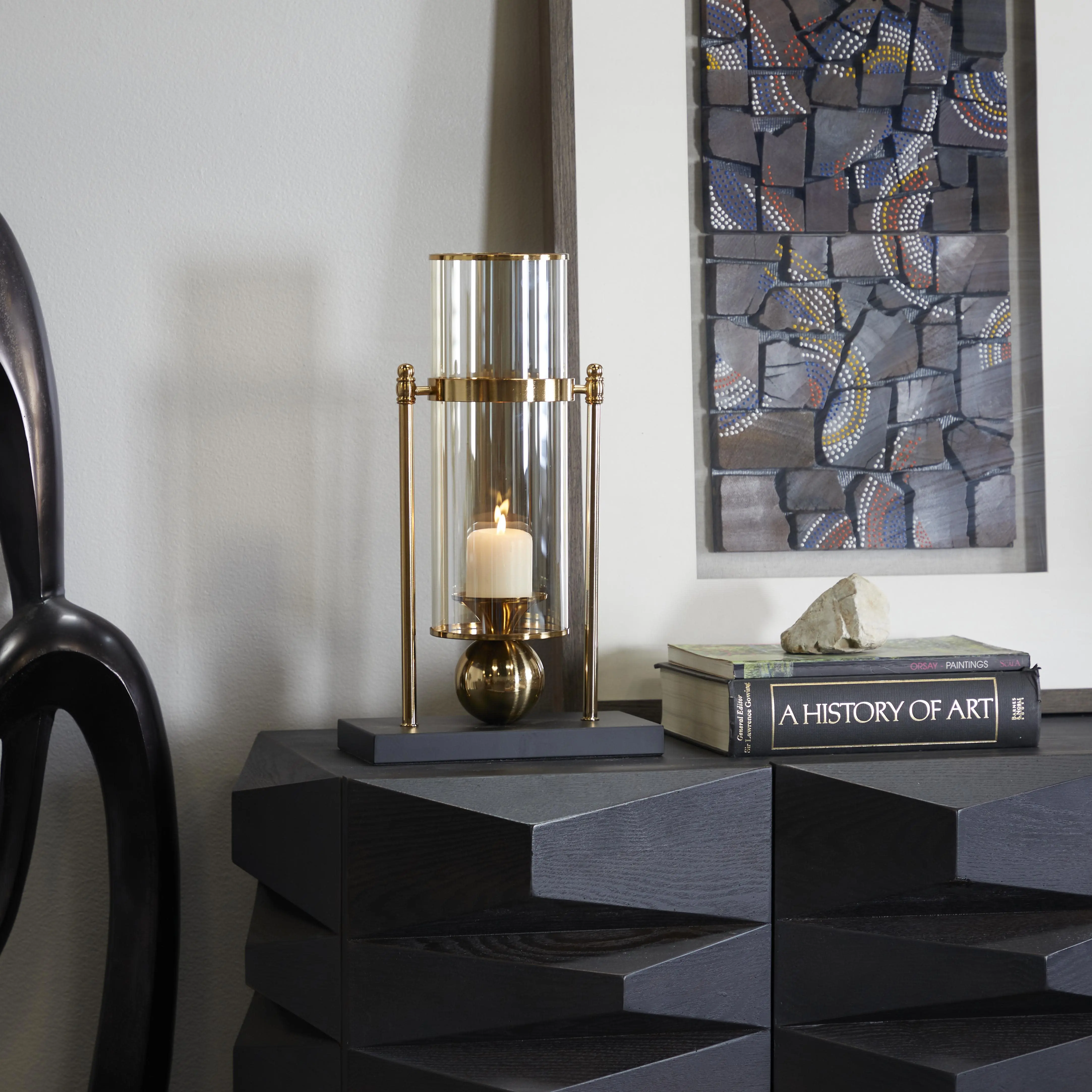 CosmoLiving by Cosmopolitan Metal  Iridescent Pillar Room Hurricane Lamp with Ball Accent and Base, 10" x 5" x 17"