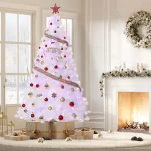 7.5FT Foldable Base Pre-Lit Artificial Christmas Tree for Home, Office, Party with 450 Warm White Lights, Pre-Lit Snow Flocked Pencil Christmas Tree Decoration Metal Fluffy