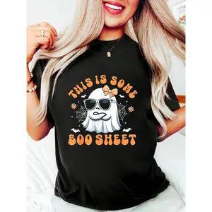 GGOR 100% Cotton This Is Some Boo Sheet Womens Shirt Cute Ghost Halloween T-Shirt Women's Oversized Tee Causal Breathable Classic Comfort Tops