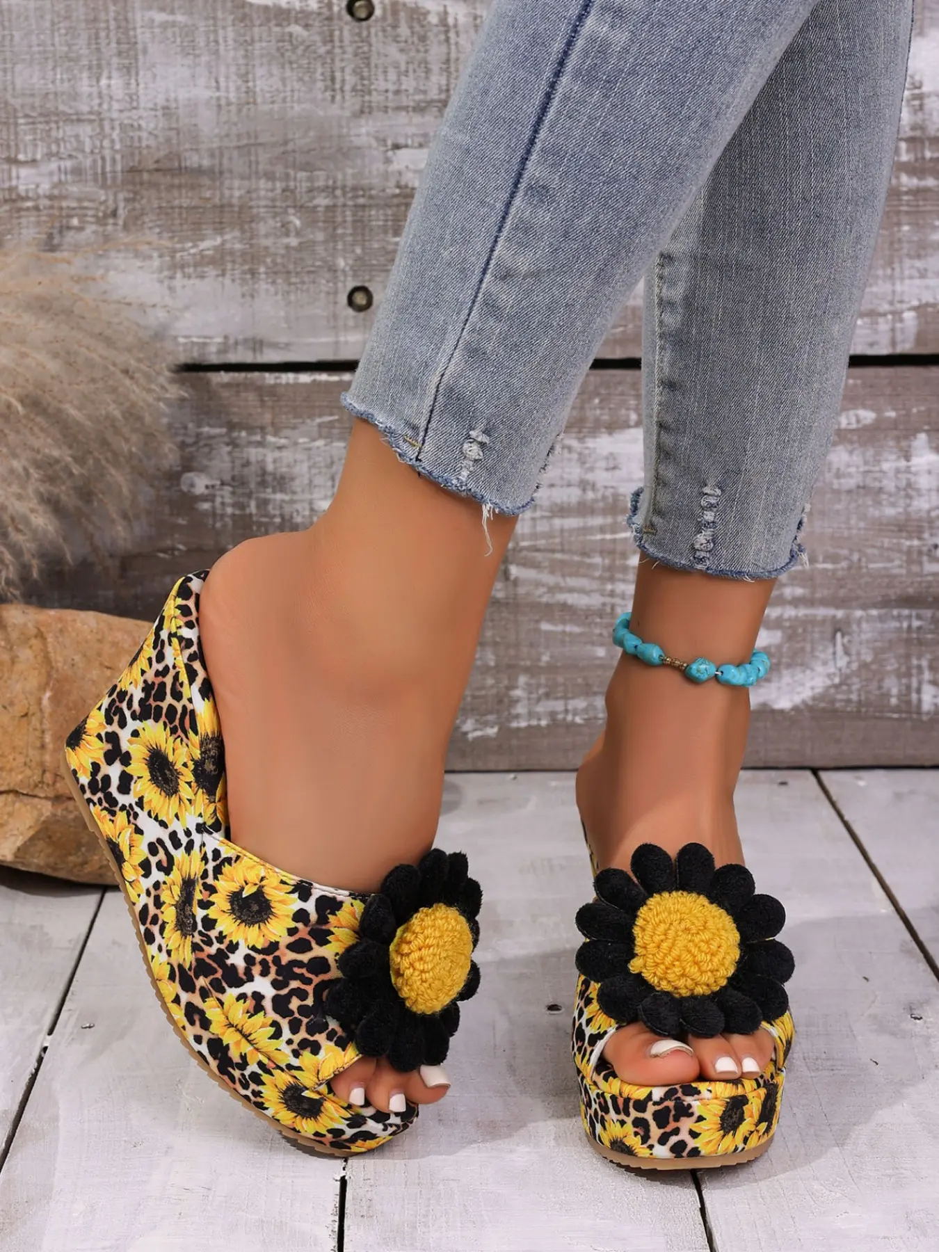 Vintage Thick Sole Wedge Sandals, Sunflower Leopard High Heel Summer Slippers, Bohemian Flower Decorated Slip-On Mules, Fashion Women's Shoes, Boho Style Wedge
