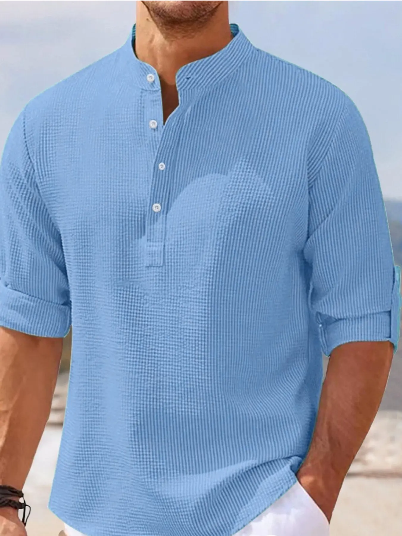 Men's Regular Fit Solid Color Waffle-Knit Jacquard Long Sleeve Tee, Casual Comfy Button-Front with Roll-Up Sleeves