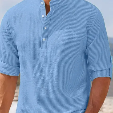 Men's Regular Fit Solid Color Waffle-Knit Jacquard Long Sleeve Tee, Casual Comfy Button-Front with Roll-Up Sleeves, Casual Outings Shirt