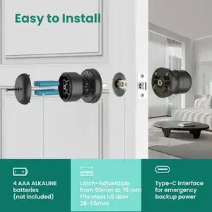 Smart Lock Keyless Entry Biometric Door Knob with Fingerprint Keypad & App Control for Secure Simplified Access Easy Install Type-C Interface for Emergency Power