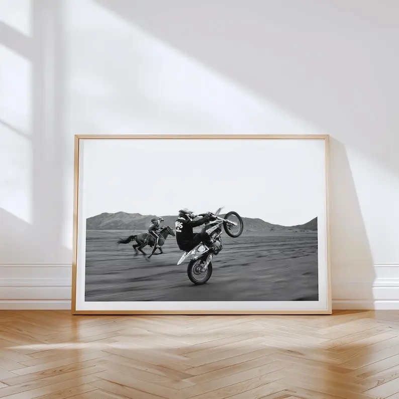 Motocross vs Cowboy Art Print – Western Desert Racing Wall Art, Retro ...