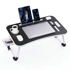 Foldable Laptop Bed Table with Storage, Portable Lap Desk with Stand Groove & Cup Holder, Multi-Functional Tray for Work, Study, Breakfast & Outdoor Use, Black