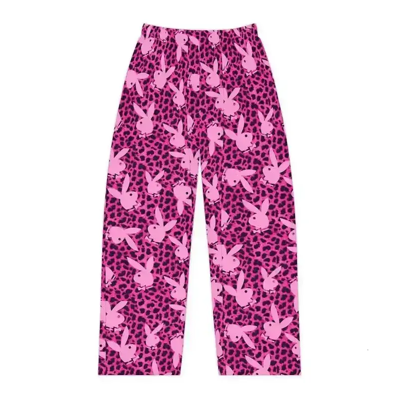 Hot Pink Bunny Animal Print Pajama Pants for Women – Cute Rabbit Lounge Sleep Pants, Soft Wide Leg All-Season Pajama Bottoms